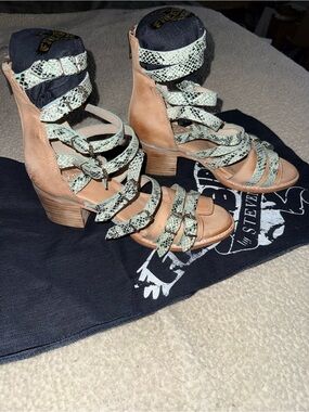 Freebird by Steven Casandra Tan Block Heel Sandals with Mint Snake-Print Straps